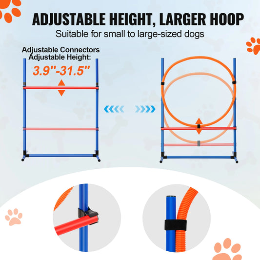 SucceBuy Dog Agility Training Equipment 4 PCS Set with Adjustable High Hurdles 6 Weave PolesJump Ring Square Pause Box Whistle