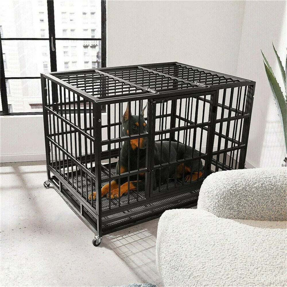 XXL Large Heavy Duty Dog Crate Strong Pet Cage Tear Resistant Square Tube Metal Kennel Playpen with Lockable Wheels and Tray