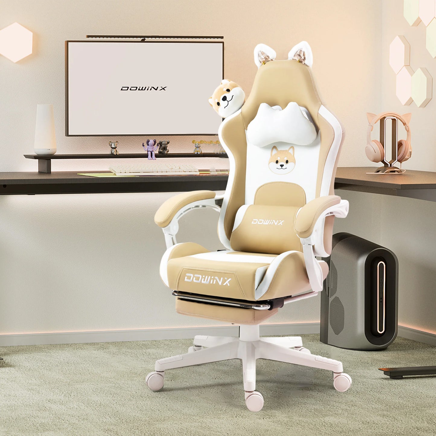 Gaming Chair Cute with Cat Ears and Massage Lumbar Support