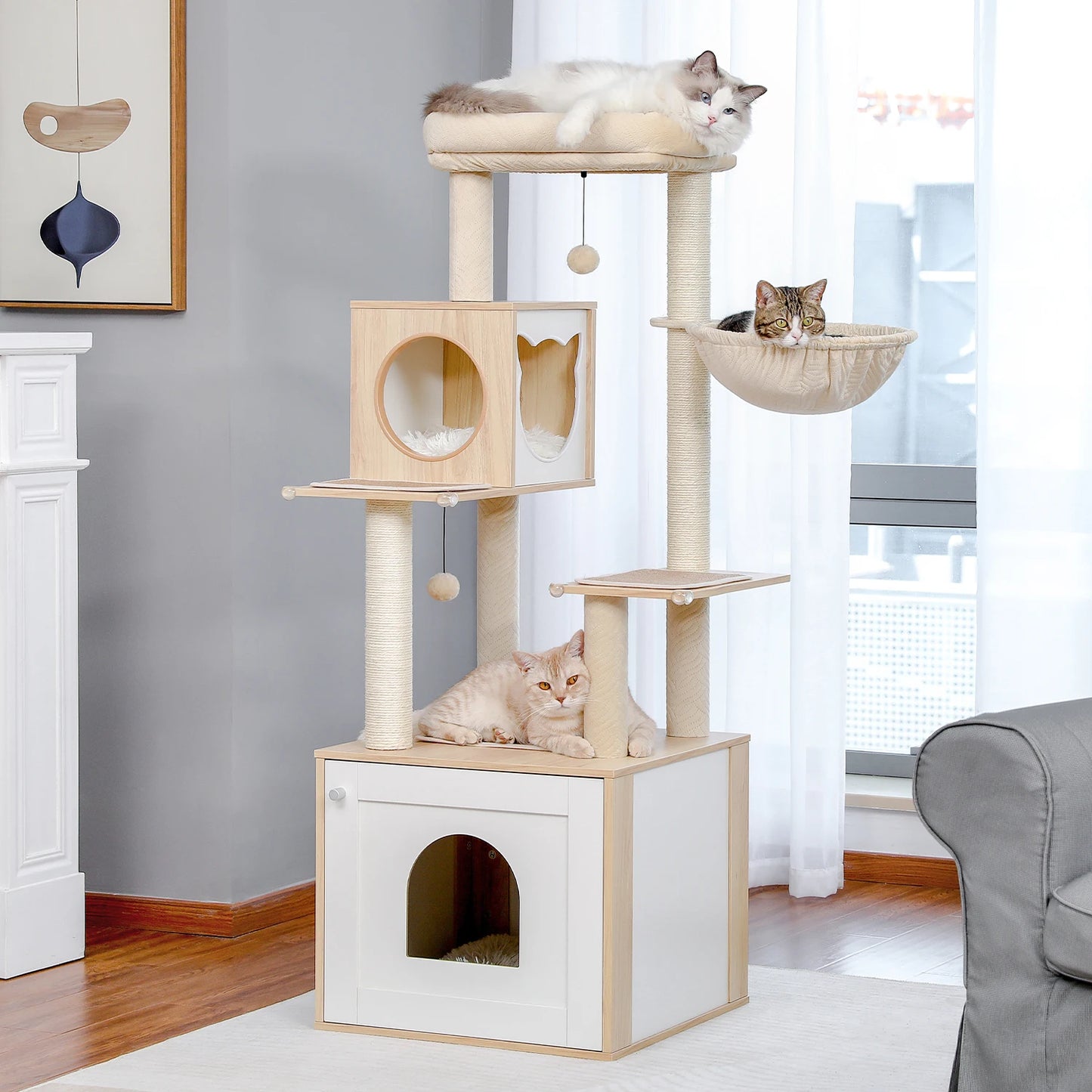 Multi-Level Cat Tree for Indoor Wood Cat Tower with Scratching Posts Spacious Condo Hammock Top Perch Cat Scratcher Cat Toys