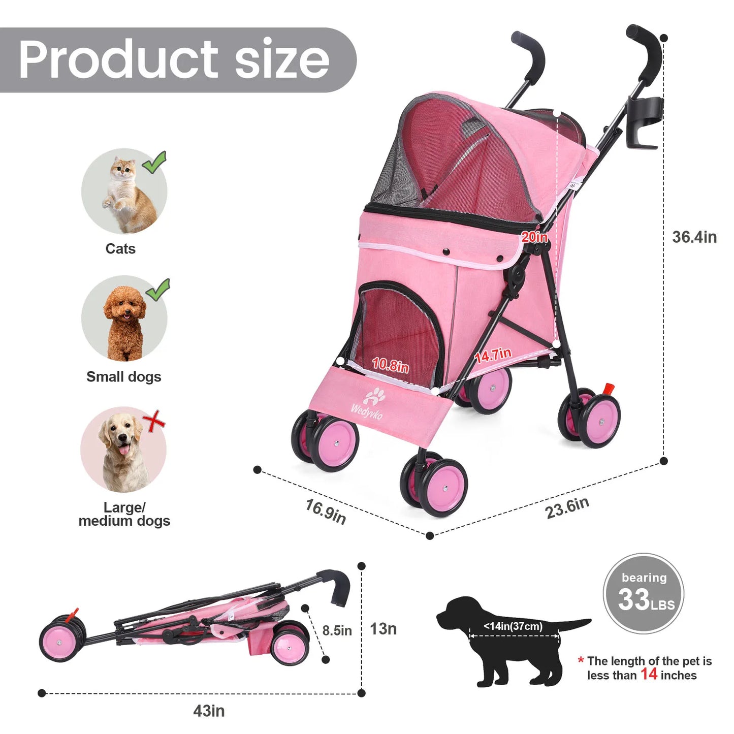 Dog Stroller 4 Wheels  with Brakes