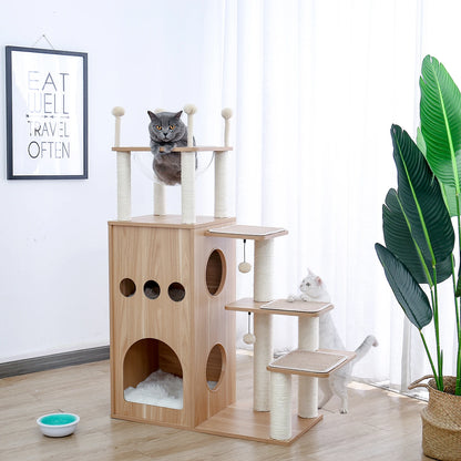 Multi-Level Cat Tree for Indoor Wood Cat Tower with Scratching Posts Spacious Condo Hammock Top Perch Cat Scratcher Cat Toys