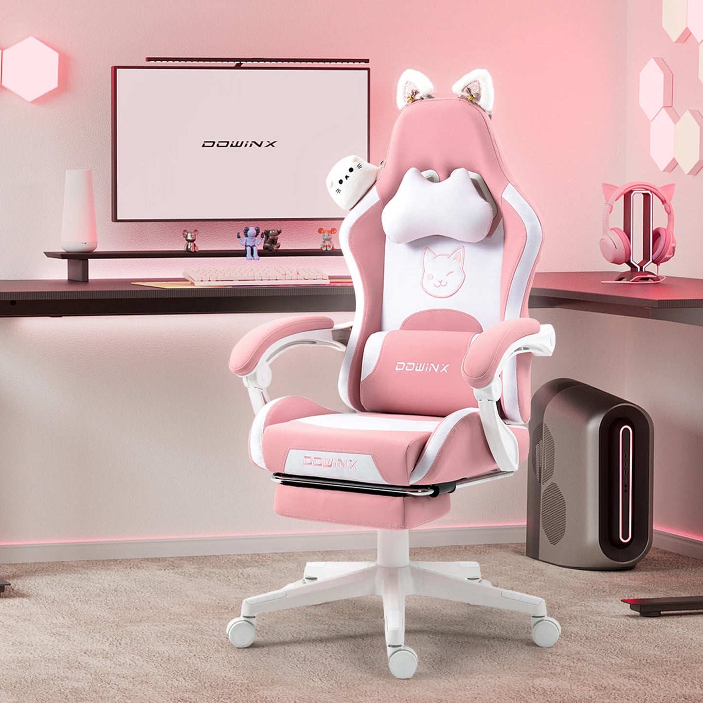 Gaming Chair Cute with Cat Ears and Massage Lumbar Support