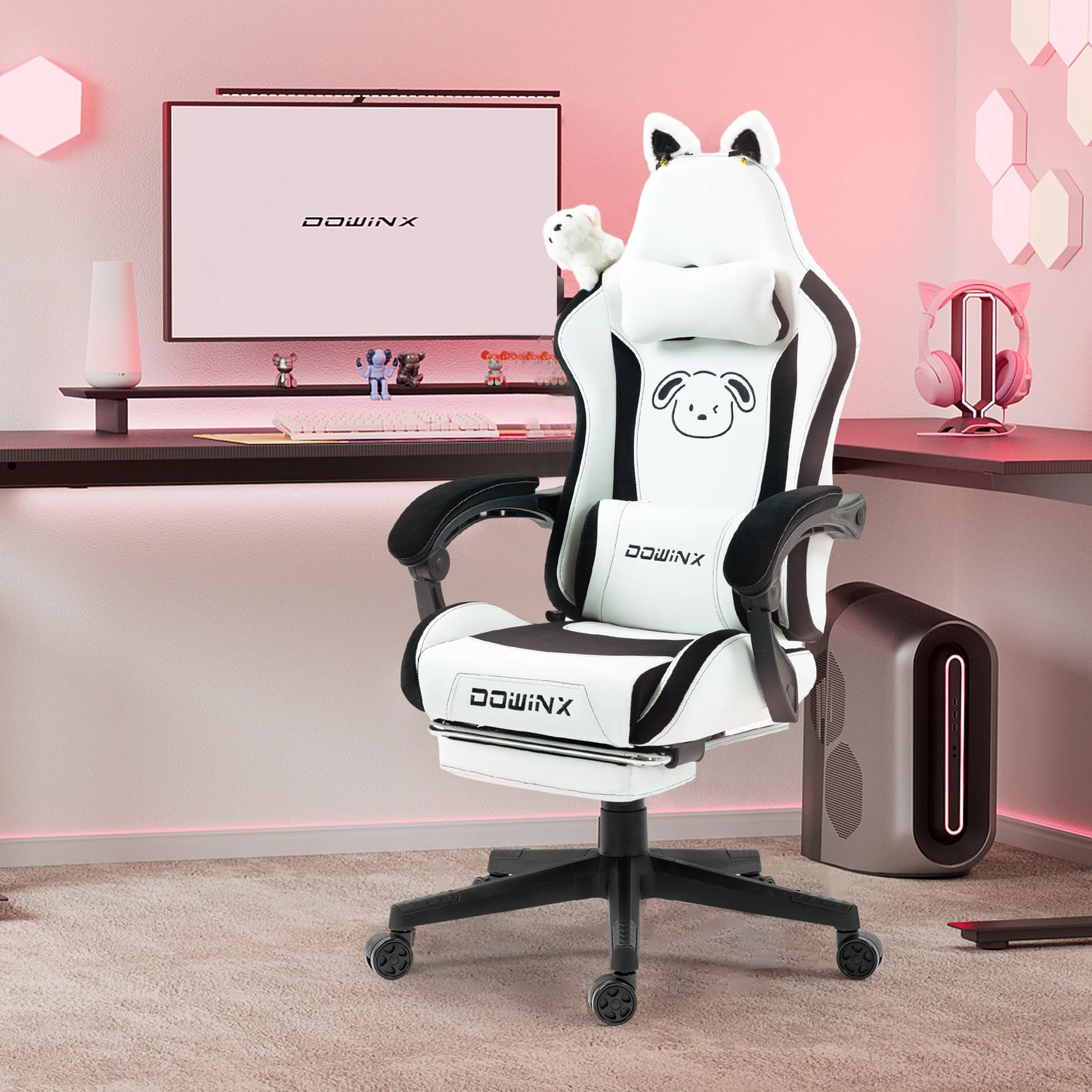 Gaming Chair Cute with Cat Ears and Massage Lumbar Support