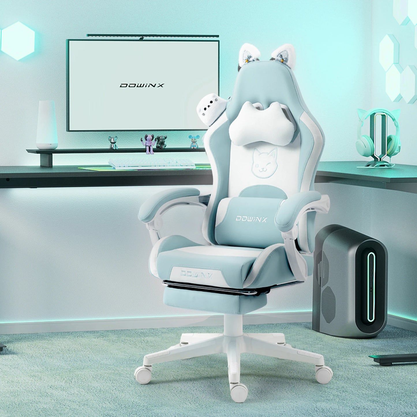Gaming Chair Cute with Cat Ears and Massage Lumbar Support